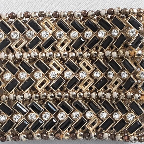 Beaded Wide Stretch Bracelet Chevron Design Gold Tone Black Clear Stones - Picture 7 of 9